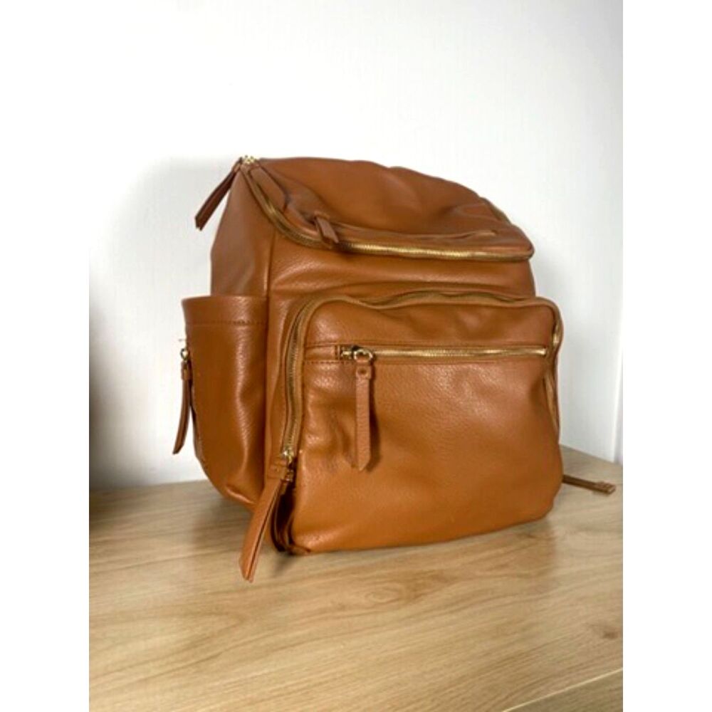 Omanmoli Brown Vegan Leather Diaper Backpack Multi Pocket Baby Bag